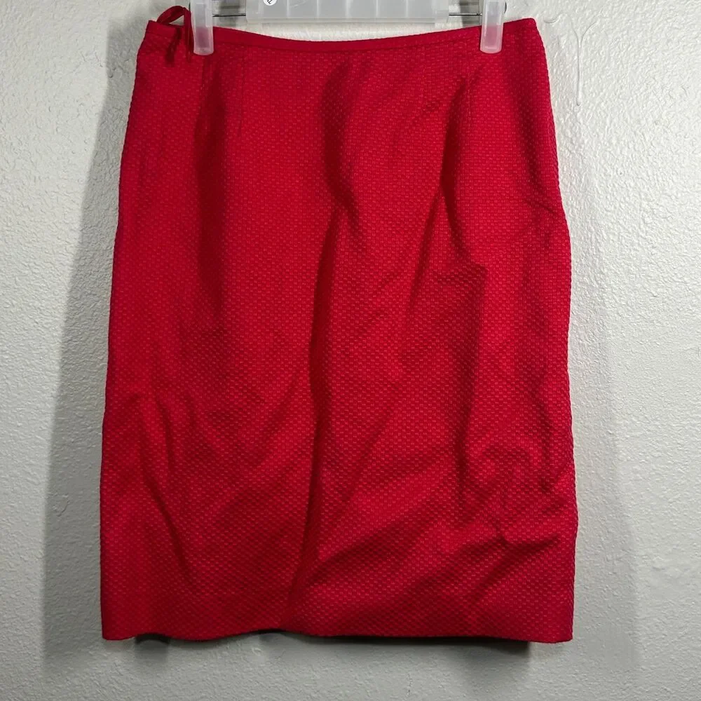 Le Suit Skirt Set Womens Petite 6P Red Textured Button Puff Sleeve Jacket Skirt